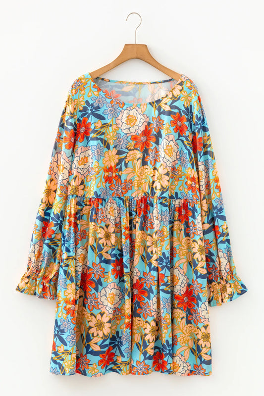 Blue Plus Size Floral Ruffled Long Sleeve Flowy Mini Dress - Windgat