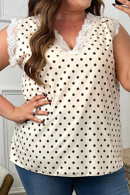 Apricot Plus Size Polka Dot Print Lace Trim V Neck Sleeveless Top - Windgat