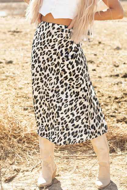 Brown Leopard Print High Waist Midi Skirt - Windgat
