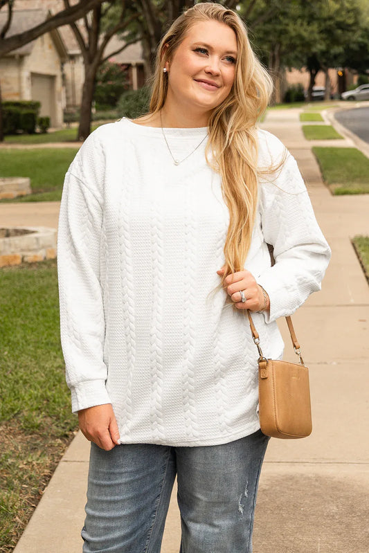 White Cable Textured Loose Plus Size Sweatshirt - Windgat