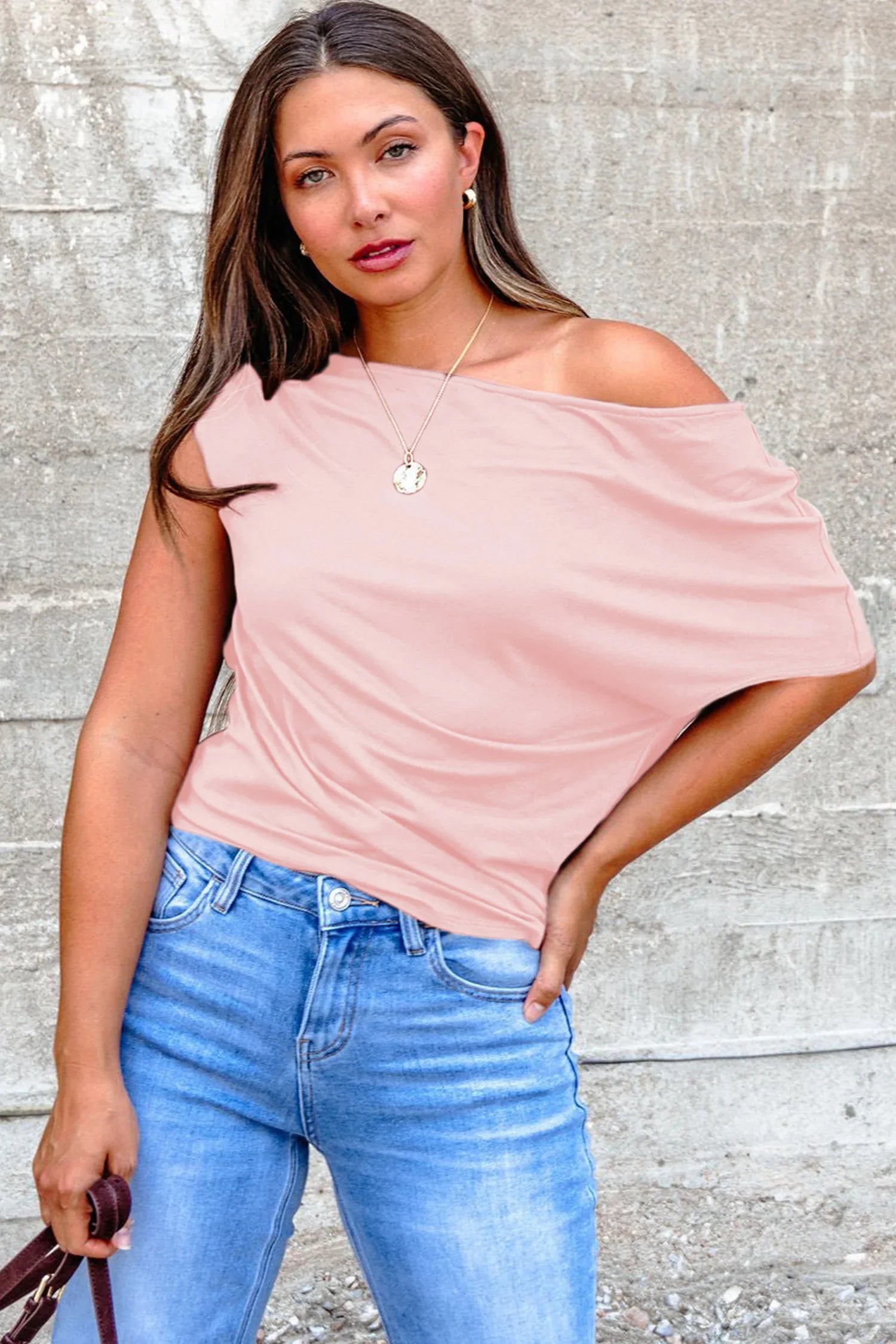 Gossamer Pink Plus Size Solid Color Asymmetric Neck Short Sleeve Blouse - Windgat