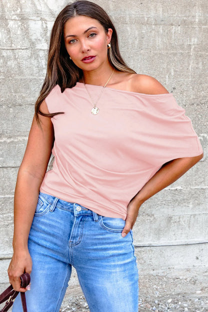 Gossamer Pink Plus Size Solid Color Asymmetric Neck Short Sleeve Blouse - Windgat