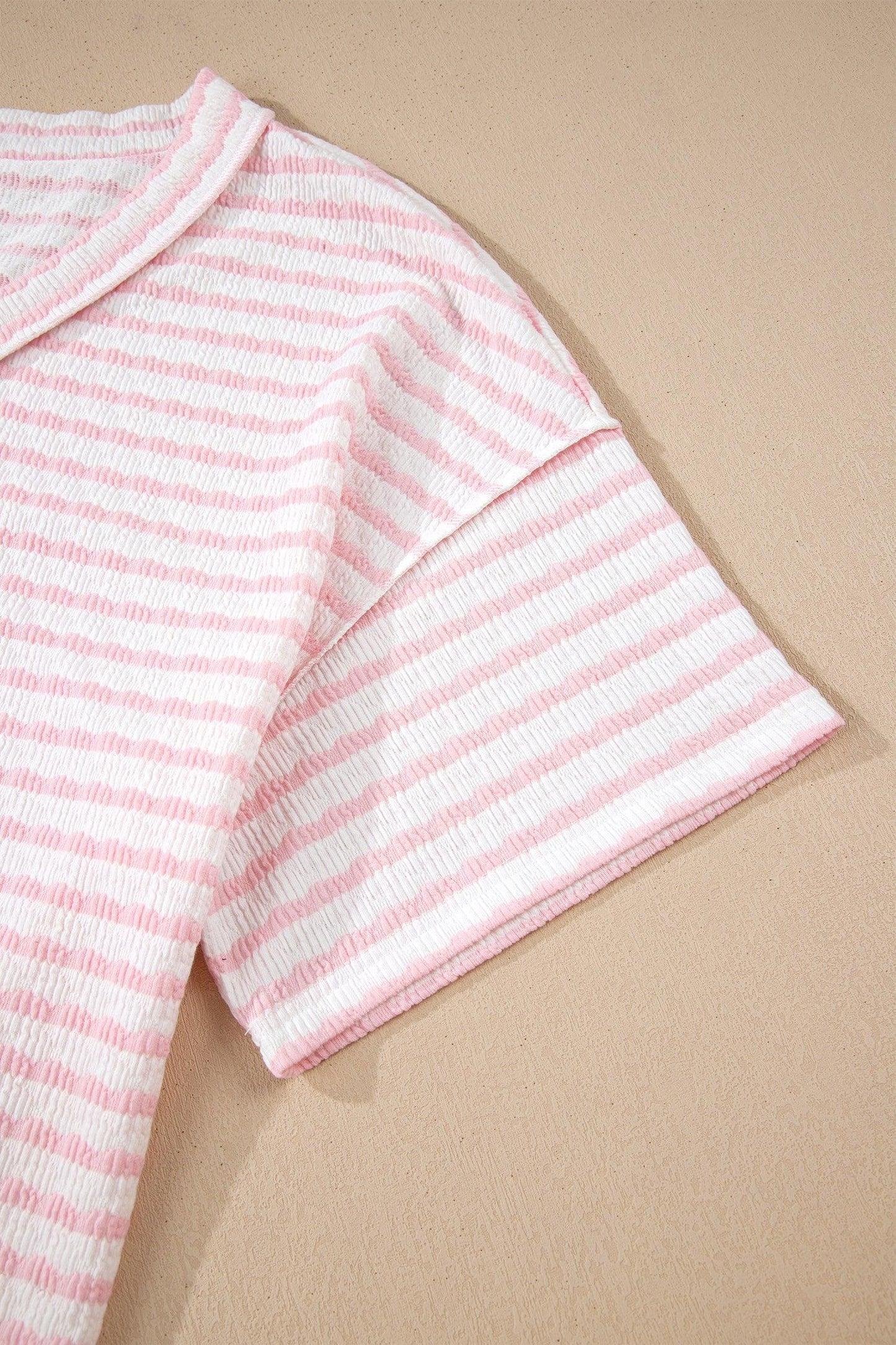 Pink Stripe Plus Size V Neck Exposed Seam Patchwork T Shirt - Windgat