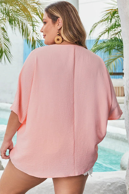 Four Leaf Clover Textured Half Sleeve V Neck Plus Size T Shirt with Chest Pocket - Windgat