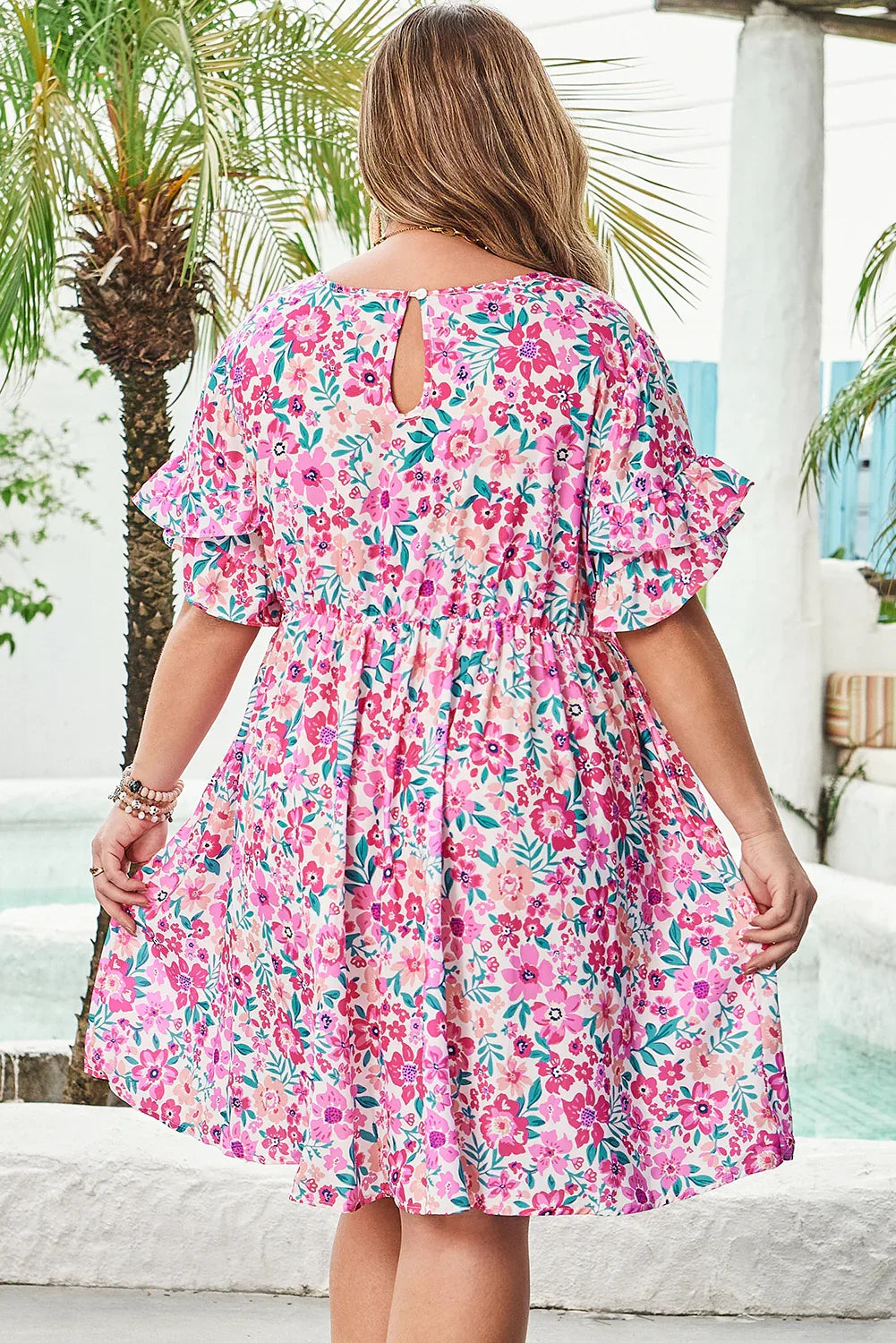 White Plus Size Floral Print Frilled Short Sleeve Flare Dress - Windgat