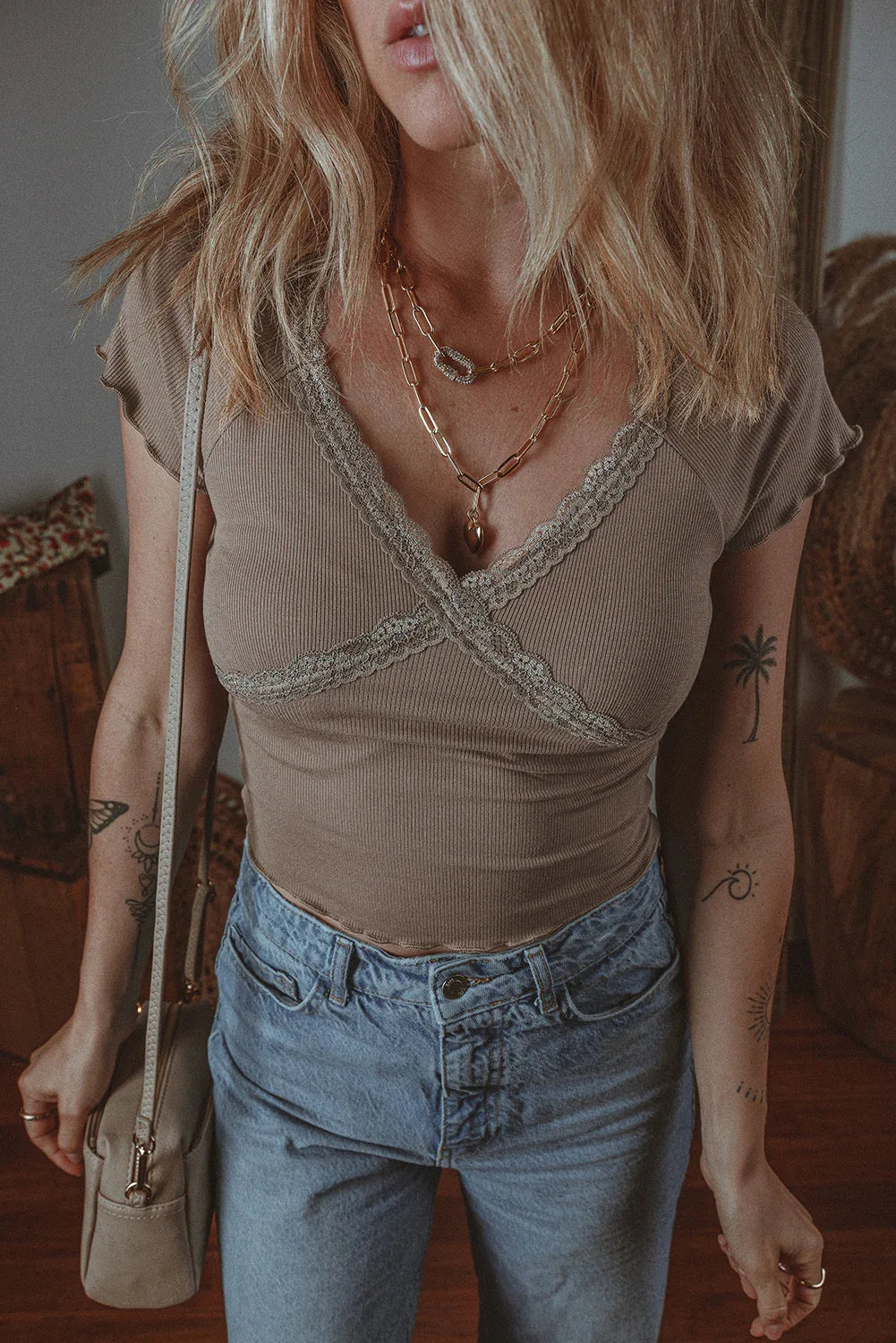 Dark Brown Lace Splicing Criss Cross Slim Fit V Neck T Shirt - Windgat