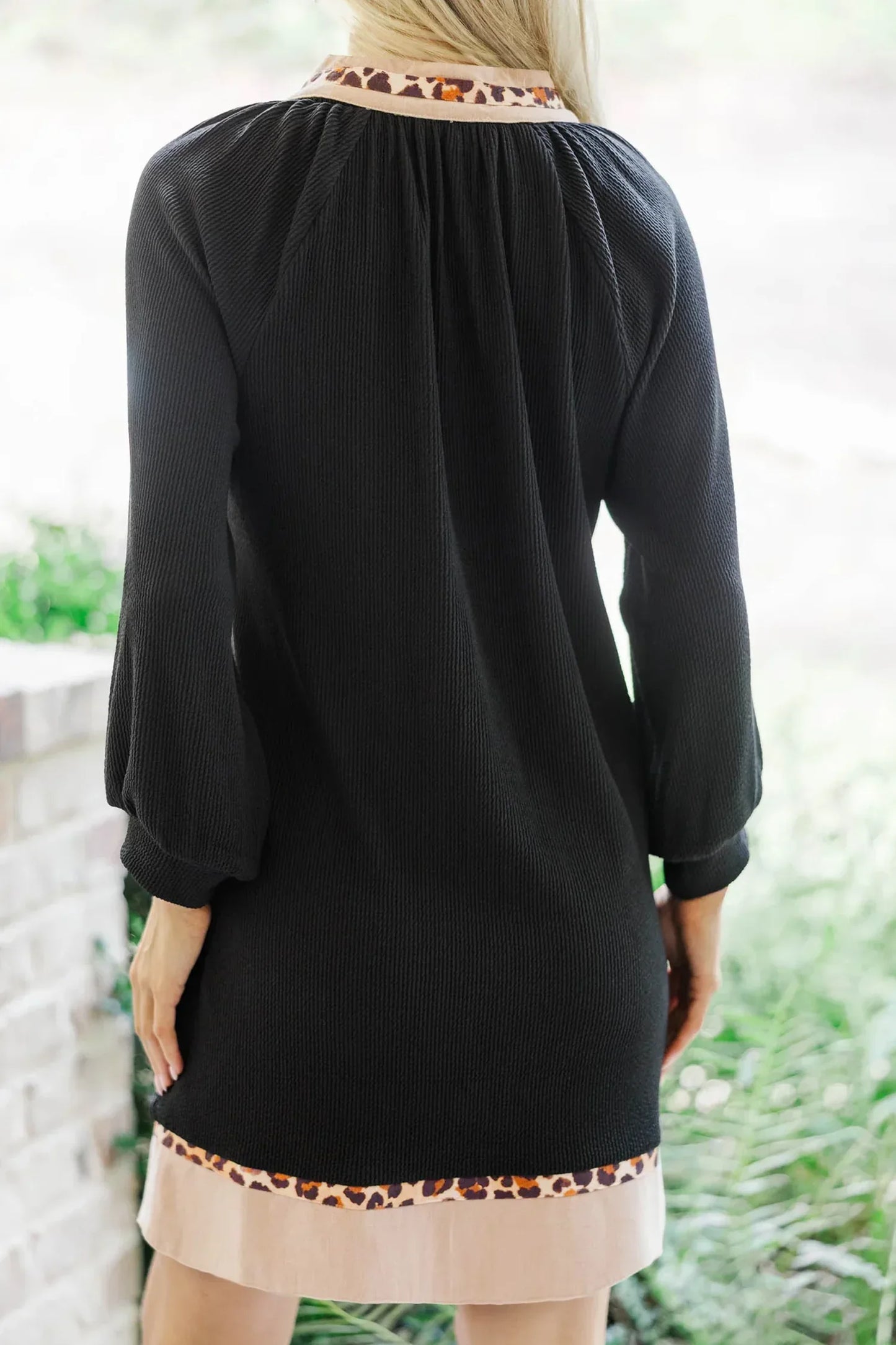 Black Contrast Color Block Leopard Trim Plus Size Ribbed Dress - Windgat