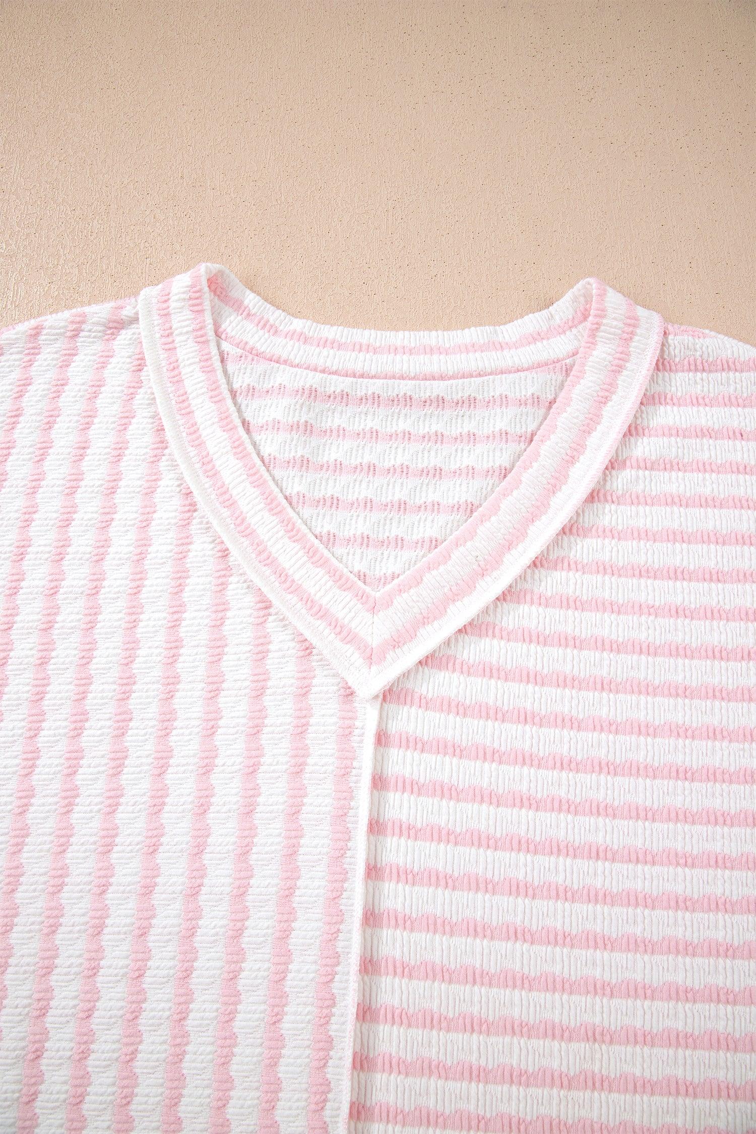 Pink Stripe Plus Size V Neck Exposed Seam Patchwork T Shirt - Windgat