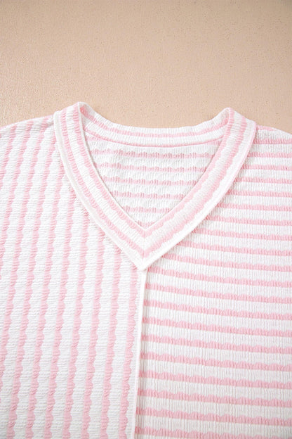 Pink Stripe Plus Size V Neck Exposed Seam Patchwork T Shirt - Windgat