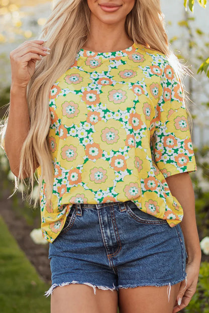 Yellow Summer Flower Printed Drop Shoulder Loose T Shirt - Windgat