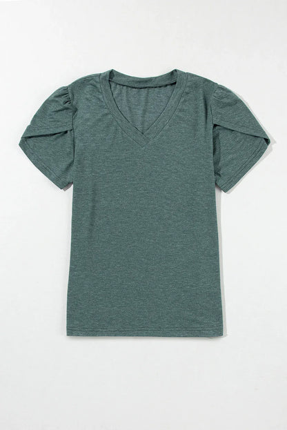 Mist Green Fashion Petal Sleeve V Neck T Shirt - Windgat