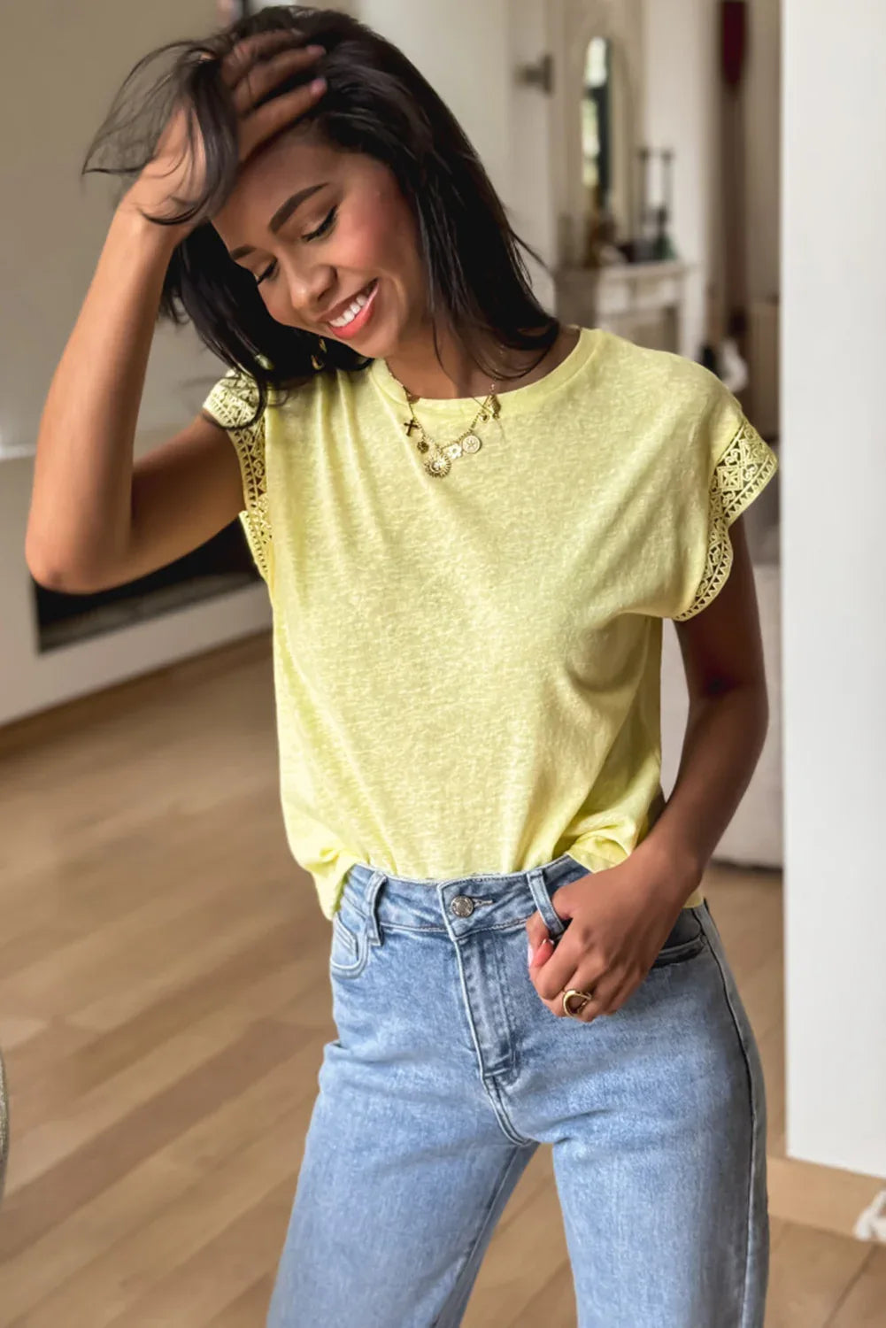 Yellow Cream Lace Patchwork Cap Sleeve Round Neck T Shirt - Windgat