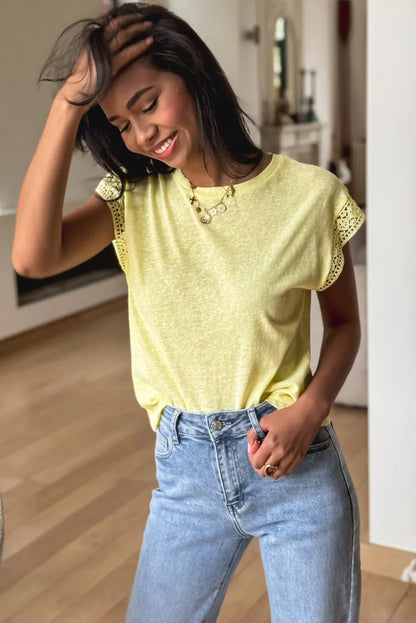 Yellow Cream Lace Patchwork Cap Sleeve Round Neck T Shirt - Windgat