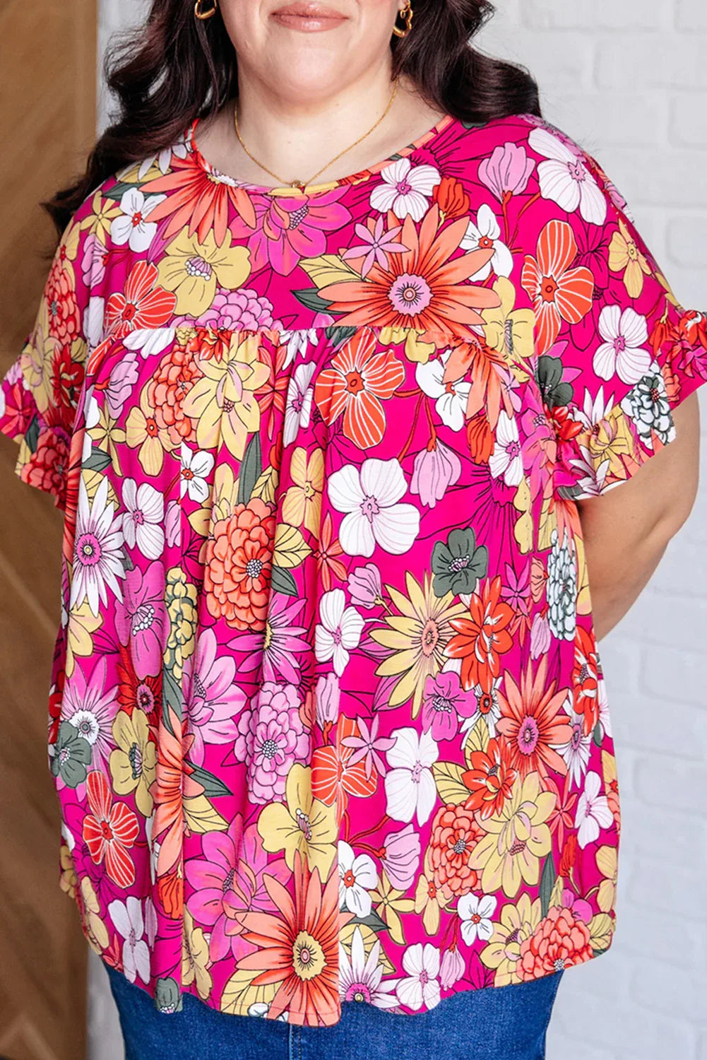 Rose Plus Size Floral Print Ruffle Short Sleeve Blouse - Windgat