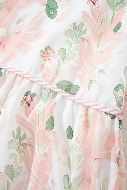 Pink Plus Size Floral Print Striped Detail Short Summer Dress - Windgat