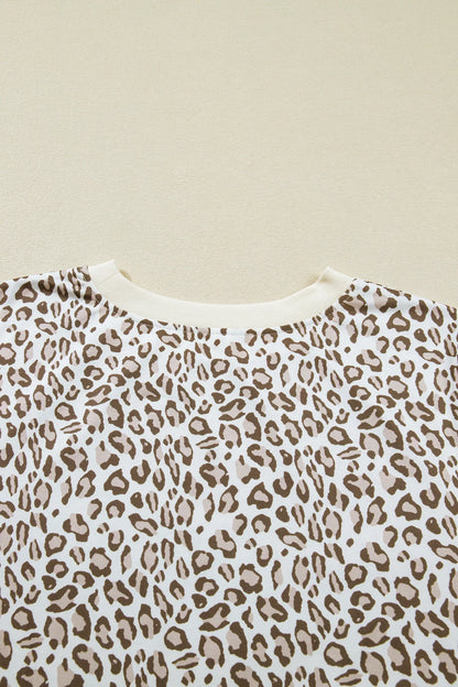 White Plus Size Leopard Print Round Neck T Shirt - Windgat