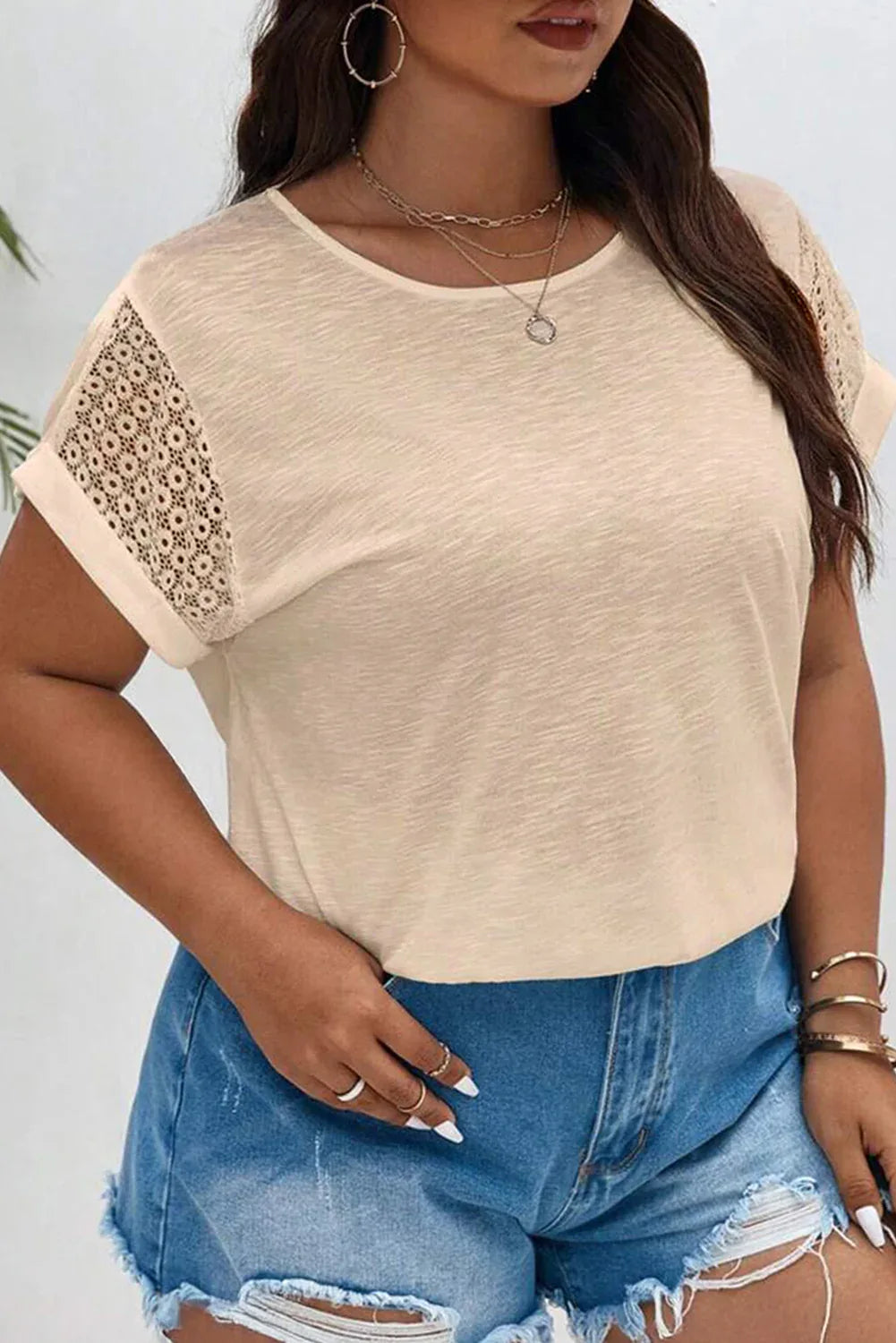 Parchment Lace Patchwork Short Sleeve Round Neck Plus Size Summer Top - Windgat