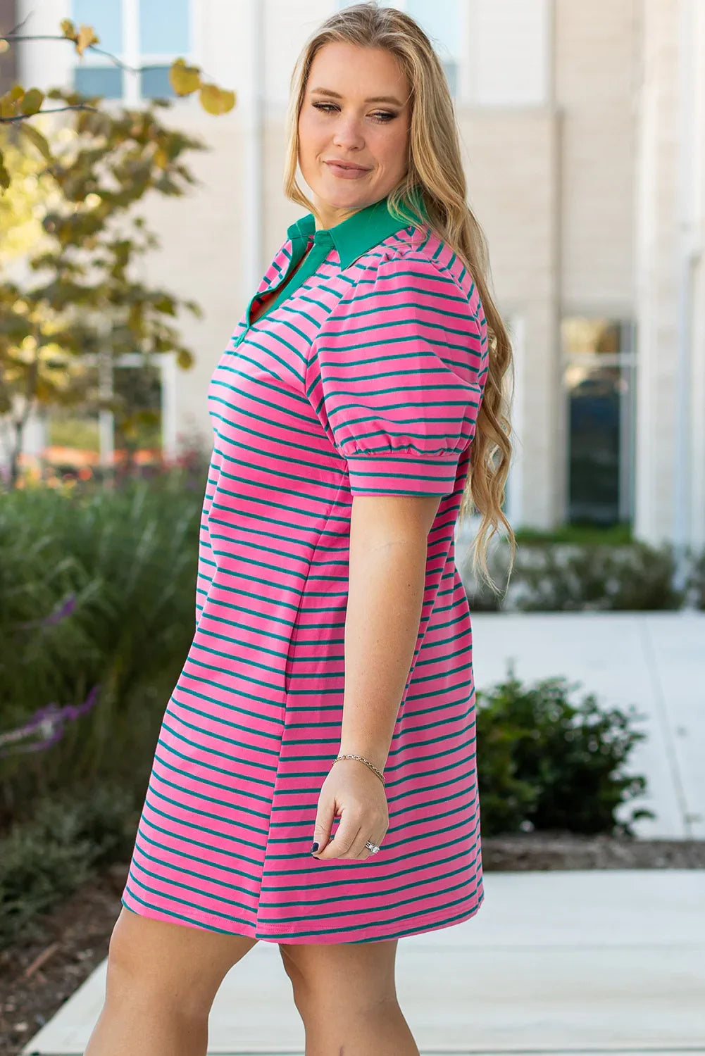 Rose Stripe Collared V Neck Puff Sleeve Shift T Shirt Dress with Pockets - Windgat
