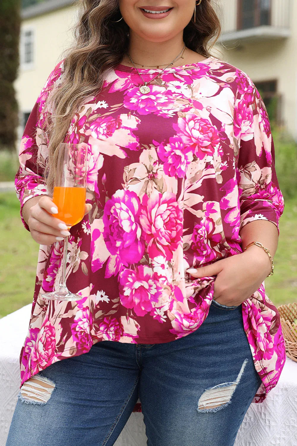 Red Floral Print Short Sleeve Plus Size Blouse - Windgat