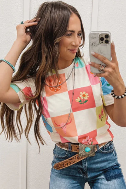 Sky Blue Western Fashion Checker Print Crewneck T Shirt - Windgat