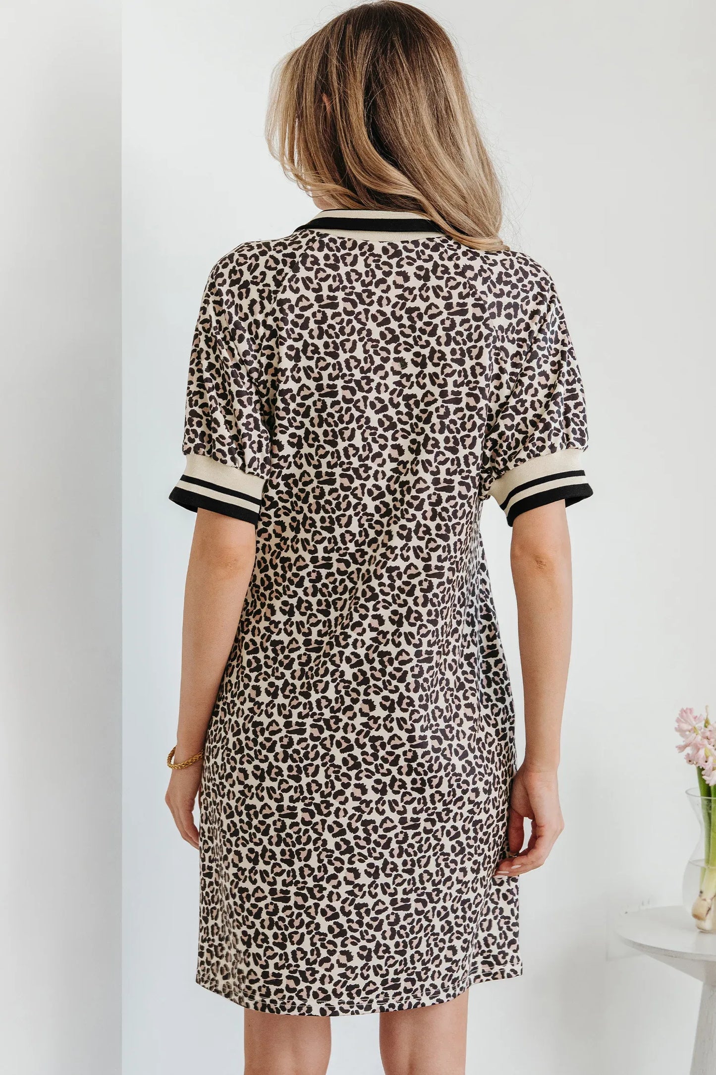 Khaki Leopard Print Zip Neck Striped Webbing Patchwork T Shirt Mini Dress - Windgat