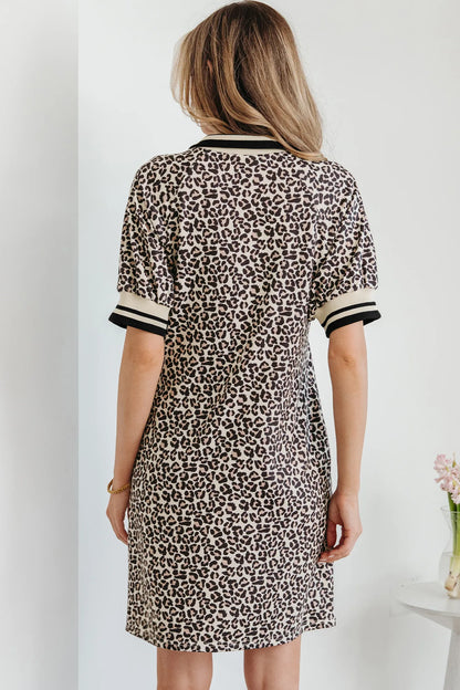 Khaki Leopard Print Zip Neck Striped Webbing Patchwork T Shirt Mini Dress - Windgat