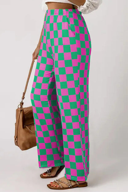 Green 2-Tone Checked Print High Waist Wide Leg Pants - Windgat