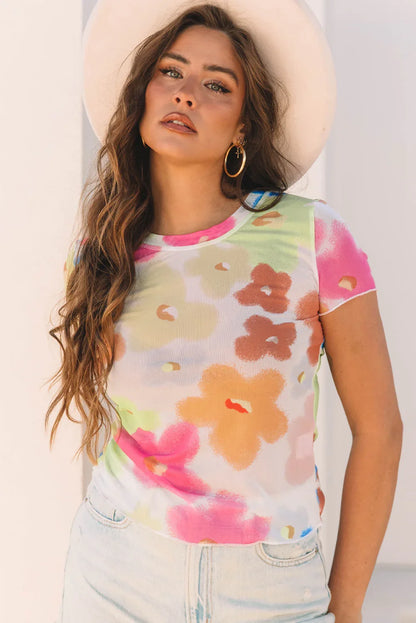 Multicolour Floral Mesh Lettuce Trim Cropped T Shirt - Windgat
