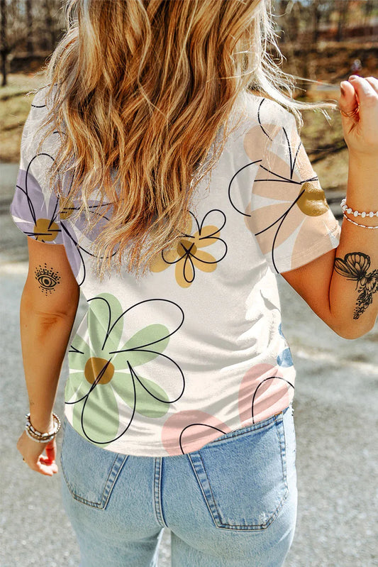 Beige Summer Flower Print Casual Round Neck T Shirt - Windgat