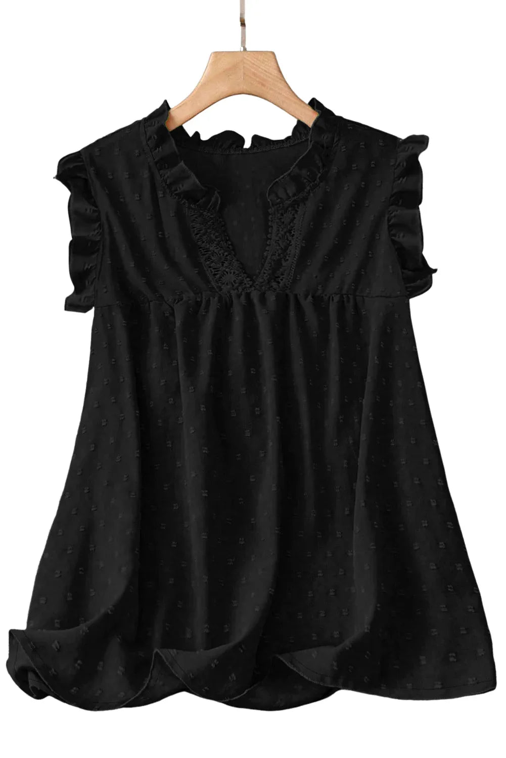 Black Plus Size Swiss Dot Ruffle Lace Trim V Neck Tank Top - Windgat