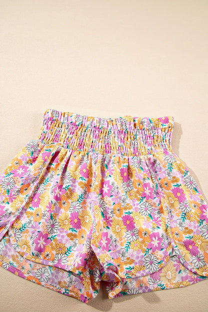 Orange Boho Floral Shirred High Waist Casual Shorts - Windgat