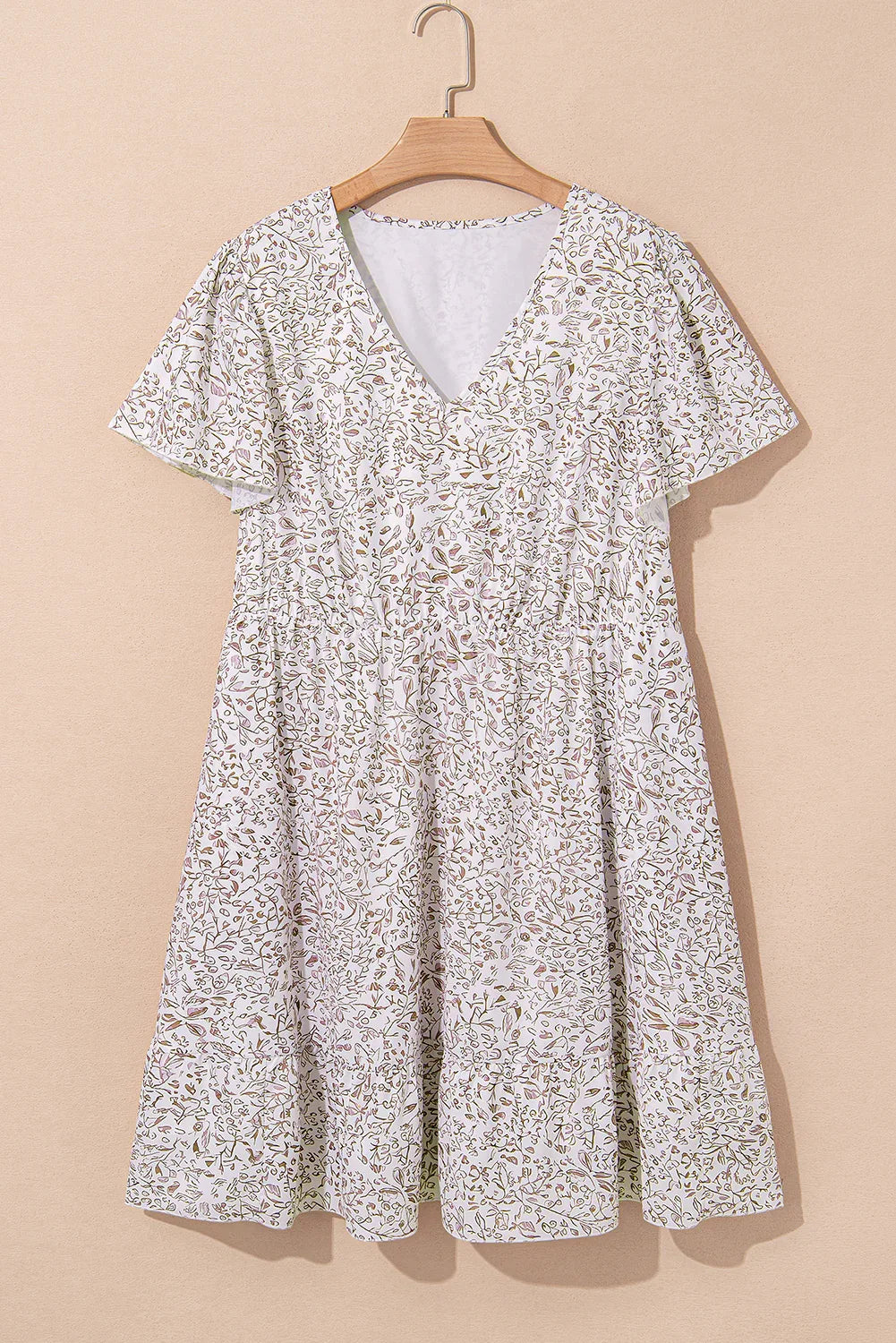 White Floral V Neck Ruffled Short Sleeve Plus Size Dress - Windgat