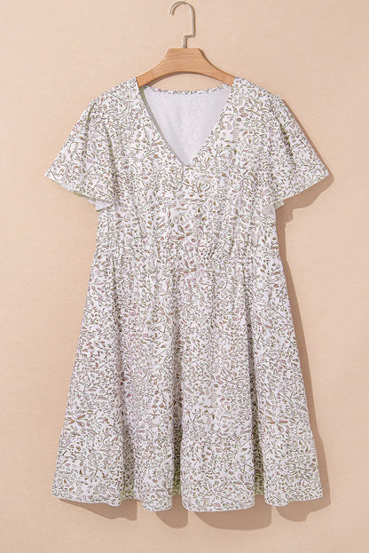 White Floral V Neck Ruffled Short Sleeve Plus Size Dress - Windgat