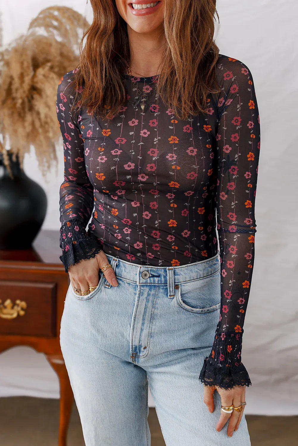 Dear Lover Black Floral Print Smocked Cuff Slim Fit Mesh Bodysuit - Windgat