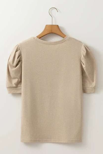 Parchment Solid Color Ruched Puff Sleeve T Shirt - Windgat