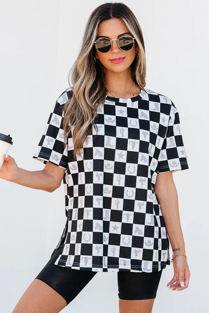 Black Western Fashion Checkerboard Print Side Split T Shirt - Windgat