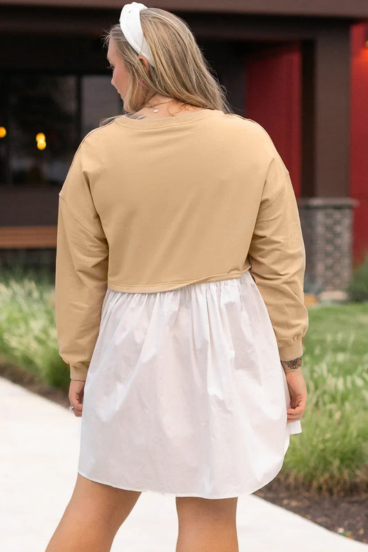 Apricot Color Block Patchwork Ruffled Plus Size Mini Dress - Windgat