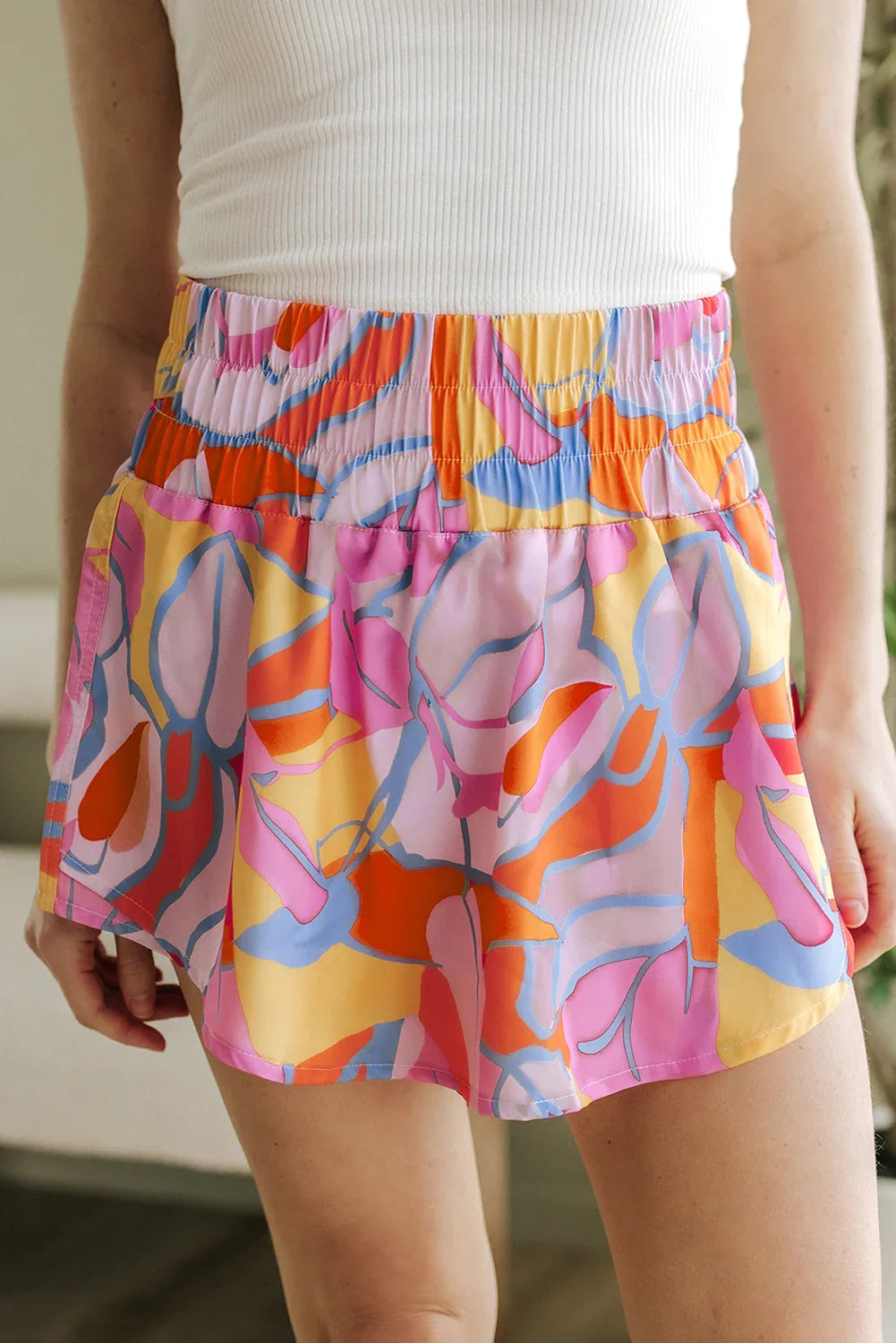 Purple Abstract Print Smock Waist Casual Shorts - Windgat