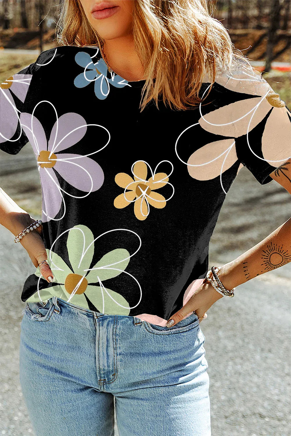 Beige Summer Flower Print Casual Round Neck T Shirt - Windgat
