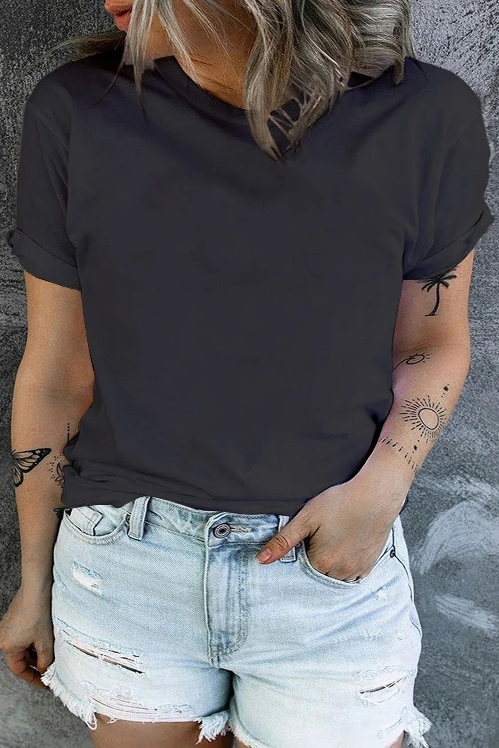 Iceland Blue Round Neck Rolled Sleeve Plus Size T-shirt - Windgat