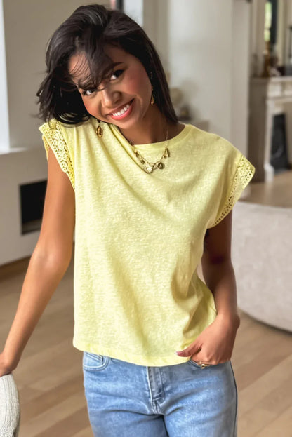 Yellow Cream Lace Patchwork Cap Sleeve Round Neck T Shirt - Windgat