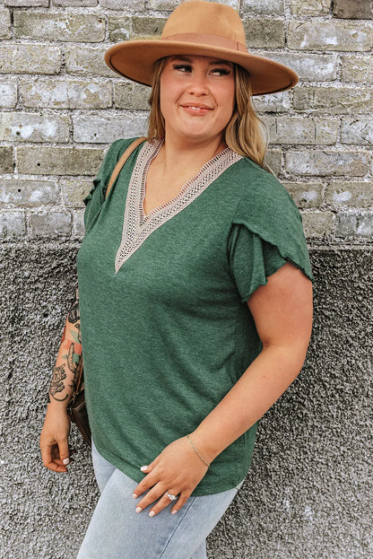 Blackish Green Plus Size Embroidery V Neck Draped Sleeve Blouse - Windgat