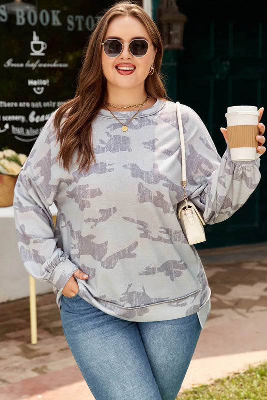 Multicolour Camouflage Print Round Neck Plus Size Sweatshirt - Windgat