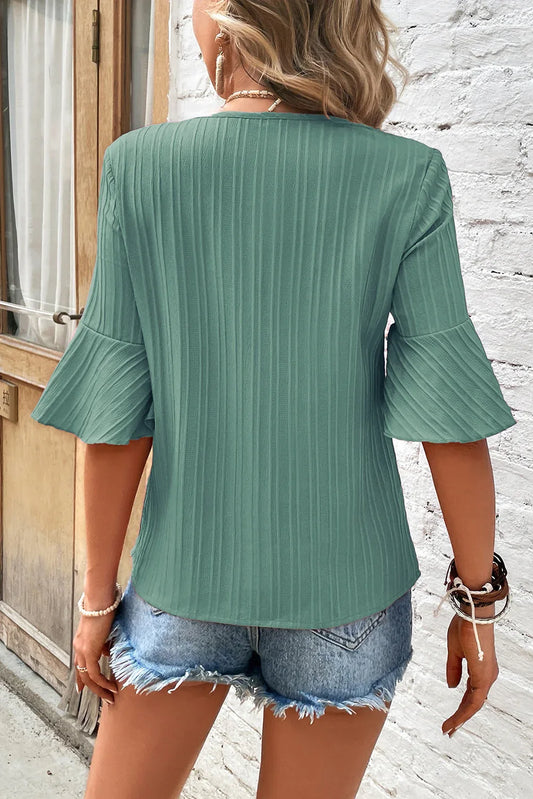Grass Green Ruffled Half Sleeve V Neck Textured Top - Windgat