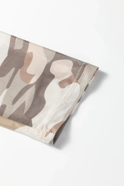 Green Plus Size Western Camo Print Mesh Long Sleeve Top - Windgat