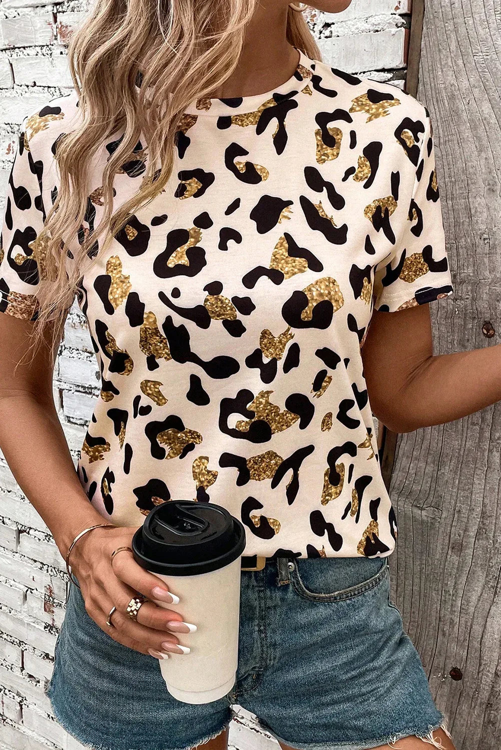 Apricot Leopard Print Round Neck Casual T Shirt - Windgat