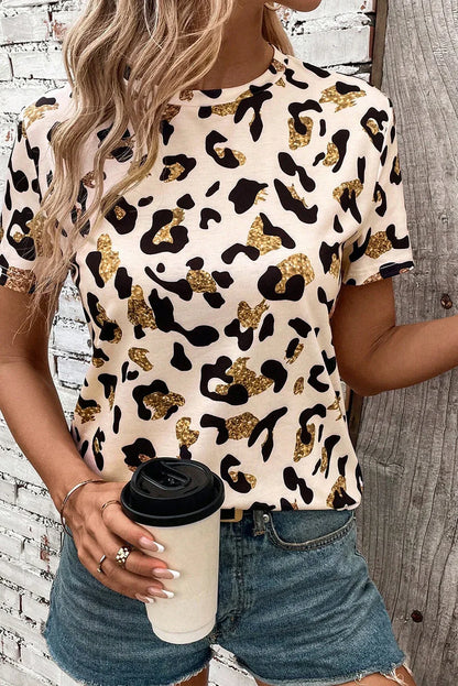 Apricot Leopard Print Round Neck Casual T Shirt - Windgat