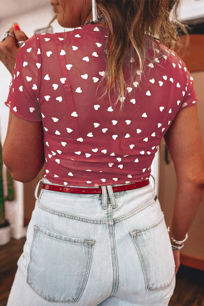 Racing Red Allover Heart Print Mesh Short Sleeve Top - Windgat