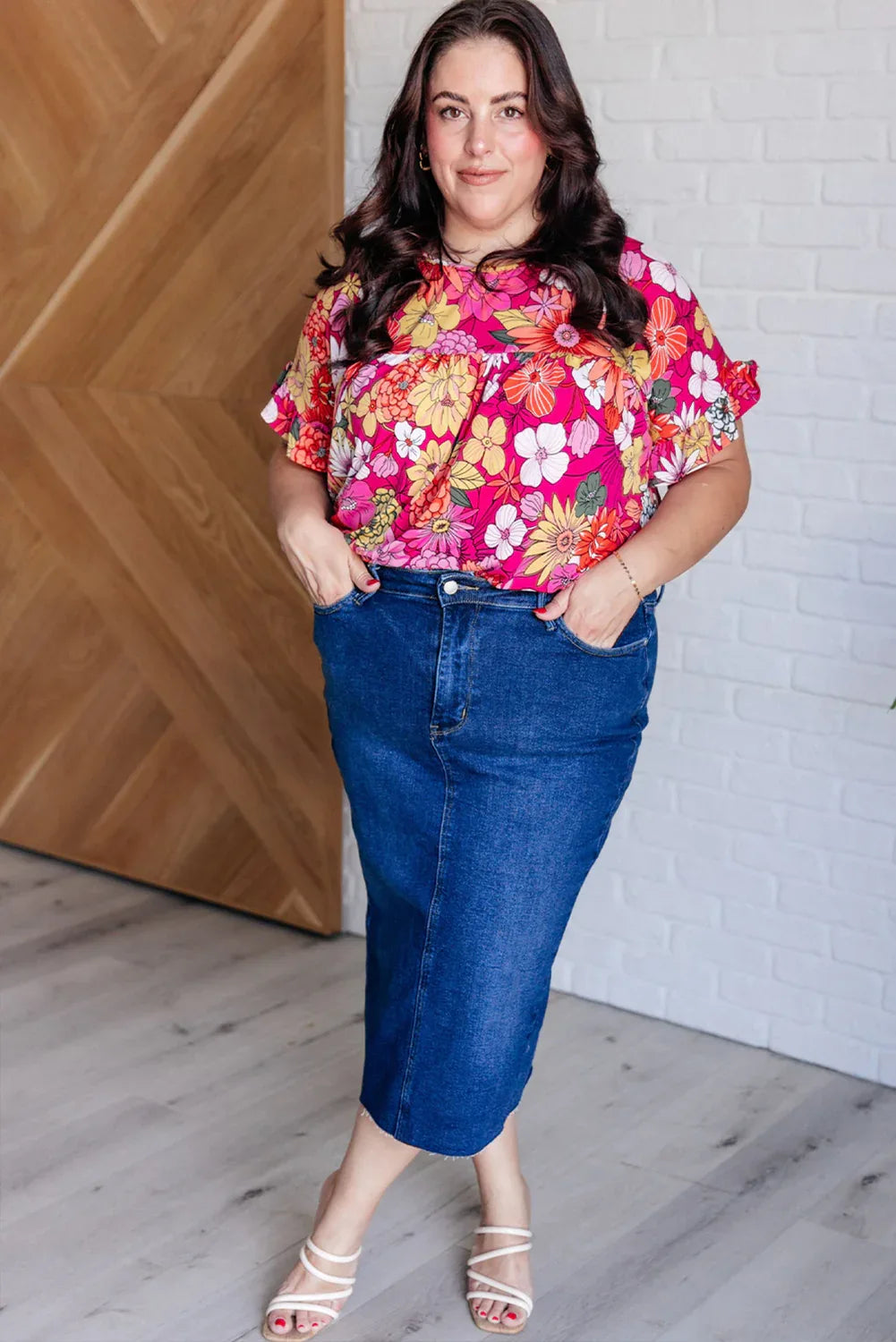 Rose Plus Size Floral Print Ruffle Short Sleeve Blouse - Windgat