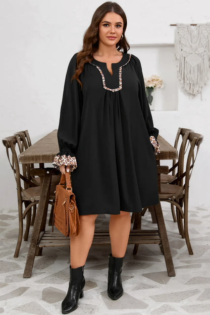 Black Plus Size Notched Neck Leopard Trim Flounce Long Sleeve Shift Dress - Windgat